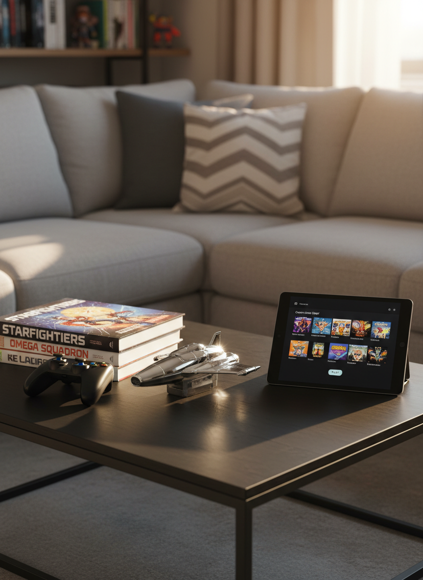 A minimalist living room coffee table in photographic realism, covered with an eclectic spread of pop culture artifacts: a chrome-plated toy starship, a stack of graphic novels with bold, illustrated covers, a chunky game controller, and a sleek tablet displaying a streaming service menu frozen on sci-fi and superhero tiles. The table’s surface is a matte black wood grain, lightly reflecting nearby colors. Warm, late-afternoon sunlight spills in from an unseen window, casting gentle, elongated shadows and subtle highlights on metallic edges. Captured from a slightly overhead, three-quarter angle using the rule of thirds, the background couch and shelves fall into a soft bokeh. The mood is cozy, playful, and enthusiastically geeky, as if mid-marathon through a beloved franchise.
